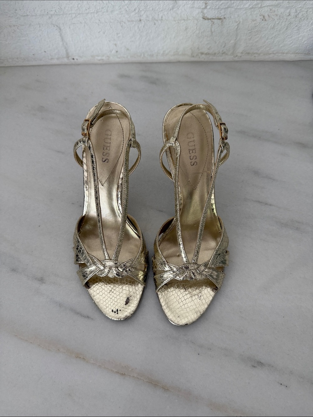 Guess Gold Metallic T-Strap Snake-Texture Heels